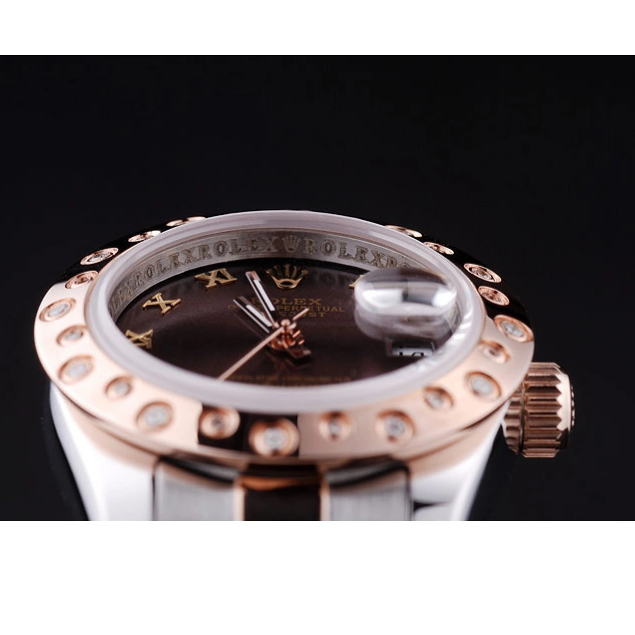Aaa replica watch Gold Polished Brown Rose Diamonds Dial Rolex Bezel Datejust 7475 0707
